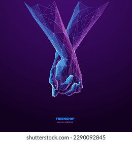 Abstract two people holding hands. Digital hand-holding in blue purple colors on dark violet background. Friendship and support concept in polygons and lines. Low poly wireframe vector illustration.