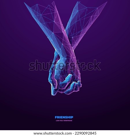 Abstract two people holding hands. Digital hand-holding in blue purple colors on dark violet background. Friendship and support concept in polygons and lines. Low poly wireframe vector illustration.