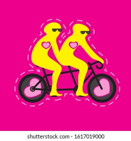 Abstract two people riding the same bike in sunglasses Valentine s day hearts on a pink isolated background. Vector image eps 10