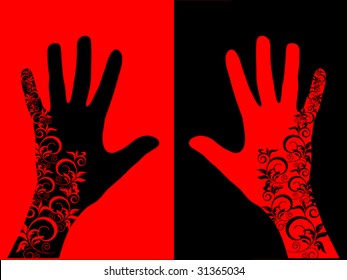 abstract two red and black  hands with floral element on red and black background