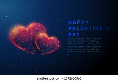 Abstract two red heart shapes. Happy Valentine's day card. Low poly style design. Abstract geometric background. Wireframe light structure. Modern 3d graphic concept. Vector illustration.