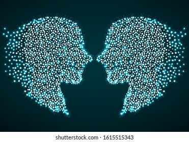 Abstract two silhouette human head with glowing circles, dotted logo
