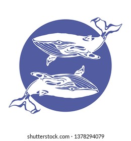 Abstract of two white whales on a blue background with blue tails on a white background. Vector illustration.