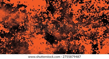 Abstract two-tone background with heavily distressed black halftone dots over a vibrant orange texture, creating a raw and urban grunge effect.