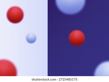 Fundo abstrato de dois tons com esferas vermelhas e azuis em um campo dividido. Eps 10