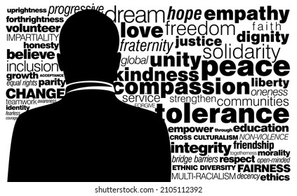 An abstract typographic poster with the back view of a leader