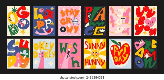 Abstract typographic posters in minimalist style. Wall decor, trendy banners with inscriptions and quotations in Matisse cartoon style. Wallpaper decor, wall art, prints, and postcards.