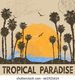 Diseño abstracto de verano tipográfico con palmeras sobre fondo retro. Volante de verano, afiches o tejidos impresos en vectores