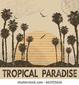 Abstract typographic summer design with palm trees on retro background. Summer flyer, poster or fabric print in vector