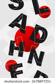 Design de cartaz de tipografia abstrata e círculo vermelho. Voo com alfabeto preto. Negrito e caractere de linha