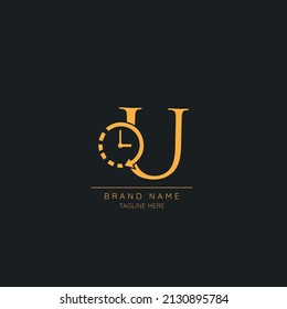 Resumen del logotipo del icono de la letra inicial de U incorporado con reloj