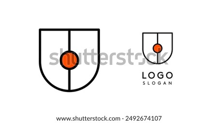 Abstract U letter logo with blue dots. Minimalist linear design, bold and clean letter monogram for corporate branding, tech startups, security businesses, and game apps. Vector illustration.