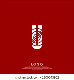 Abstract U logo letter in circle lines pattern design concept with red background