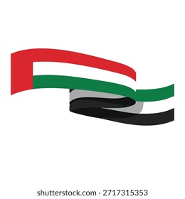 Abstract UAE flag icon, flowing ribbon shape, flat vector logo design, red green black white color palette, modern national branding style, centered composition, white background