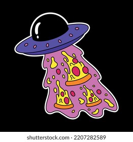 Abstract ufo icon. Aliens with pink beam steal slices of pizza. Comic and funny sticker for social networks in old style. Galaxy, cosmos, universe and space. Cartoon flat vector illustration