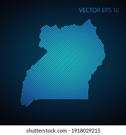 Resumen de la plantilla de mapa de Uganda hecha de líneas diagonales azules en fondo oscuro. Ilustración del vector EPS10.