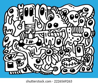 abstract ugly hand drawn doodle in black and white background separated layer