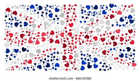 Abstract UK flag - the flag of United Kingdom made of small red, white and blue stroked hearts