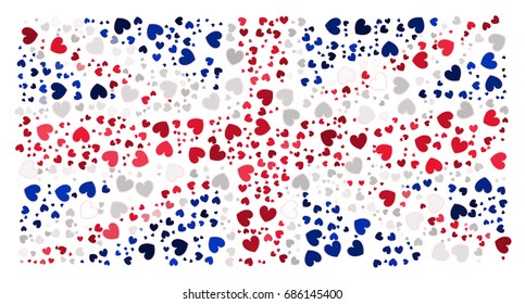 Abstract UK flag - the flag of United Kingdom made of small red, white and blue stroked hearts