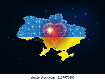 Abstract Ukraine map in blue and yellow Ukrainian flag colors and red glowing heart isolated on dark blue 