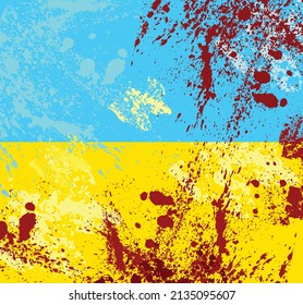 Abstract ukrainian flag with the splatters of blood. The symbol of Russian aggression against the Ukrainians. The war 2022