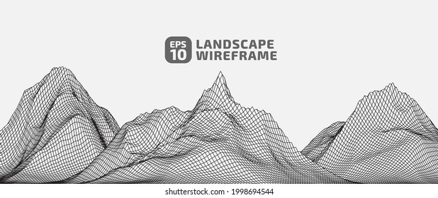 Resumen del fondo del maletero ultraancho. Paisaje de malla 3D. Terreno digital del ciberespacio en montañas con valles. Matriz de datos. Gran cantidad de datos. Tecnología informática. Ilustración vectorial. EPS 10