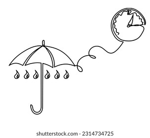 Resumen de paraguas con reloj como dibujo de línea sobre fondo blanco. Vector
