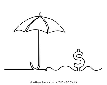 Abstract umbrella with dollar as line drawing on white background. Vector
