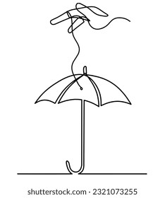 Abstract umbrella with hand as line drawing on white background. Vector