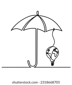Abstract umbrella with light bulb as line drawing on white background. Vector