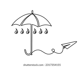 Abstract umbrella with paper plane as line drawing on white background. Vector