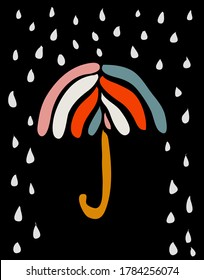 Abstract umbrella under the rain, design element.  Mid century modern minimalist art. Can be used for wall art, prints, posters, wallpapers, fabric, wrap paper, stationery, rsvp cards, web bakgrounds