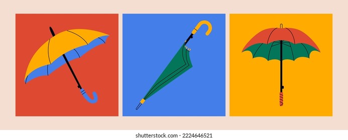 Abstract umbrellas. Cartoon folded open parasol, rainy weather shelter waterproof sunshade set. Vector colorful banners