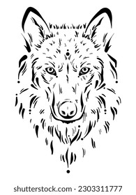 Abstract uncolored wolf head illustration line art. monochrome werewolf drawing symbol isolated on white background