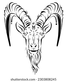 Resumen de la ilustración de la cabeza del capricornio de zodiaco sin colorear arte de la línea. símbolo de dibujo de la mano de cabra ibex monocromo aislado en fondo blanco para tatuajes o logotipo