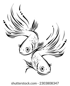 Abstrakte, ungefärbte Tierzeichen-Fische, die die Linien illustrieren. Monochrome Piszen handgezeichnet Symbol einzeln auf weißem Hintergrund für Tätowierungen oder Logo