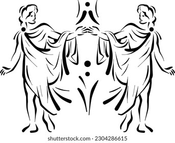 Abstract uncolored zodiac sign gemini vector illustration out line art. twin hand drawing symbol isolated on white for tattoo or logo