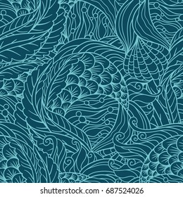 Abstract under sea flora seamless pattern, scale, seaweeds, flippers decorative waves vector background, sea flora motif.