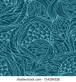 Abstract under sea flora seamless pattern, scale, seaweeds, flippers decorative waves vector background, sea flora motif.