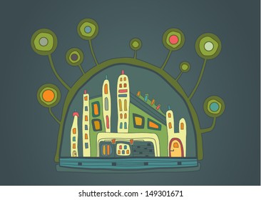 Abstract underground town with abstract trees