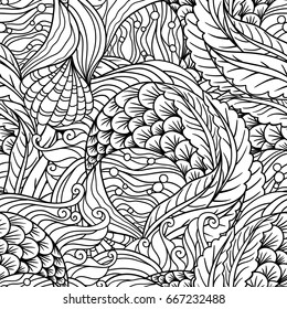 Abstract undersea flora seamless pattern, scale, seaweeds, flippers decorative waves vector background, sea flora motif, illustration for the coloring book.