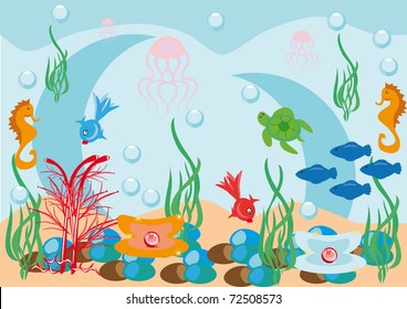 Abstract underwater background with small fishes