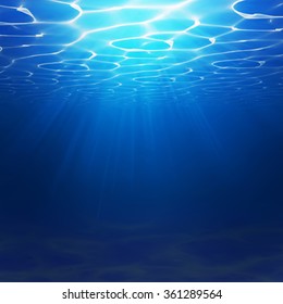 Abstract Underwater background. Water waves effects. Blue underworld realistic ocean sea. Ocean or sea surface. Summer diving blue sea water vector illustration 