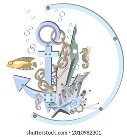 Abstract underwater composition. Steampunk style. Metal ship anchor with chain and mechanical sea horses, fish, coral, starfish, shells, seaweed, gear wheels. Cartoon design. Vector illustration.