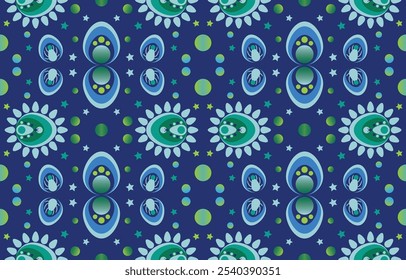 Las Imágenes submarinas Abstractas incluyen conchas de perlas imaginarias, estrellas y criaturas submarinas. Sobre un fondo azul hay patrones interconectados. Diseñado para su uso en la decoración de estampados de tela.