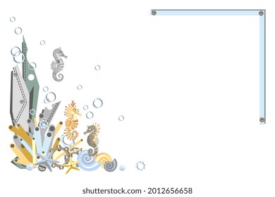 Abstract underwater landscape. Reef with colorful coral, sea horse, starfish, seaweed, shell and gear wheels. Corner frame. Steampunk style. Copy space. Cartoon design. Vector illustration.