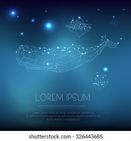 Abstract underwater nature vector Illustration with glowing whales and island and text on the dark blurred background