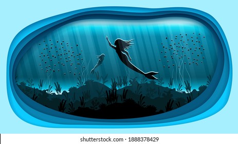 Abstract Underwater Paper Cut Background With Mermaid Fishes Seaweed Vector Design Style