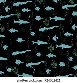 Abstract underwater pattern with fishes and seaweeds.For textile,texture,fabric,prints,wallpaper,decor and t-shirt design.Vector illustration.
