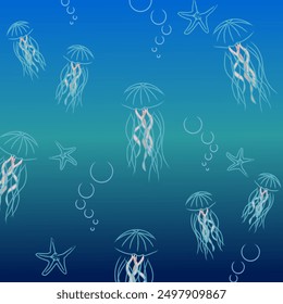 An abstract underwater scene featuring jellyfish and starfish with delicate, flowing tentacles and bubbles against a gradient blue background.